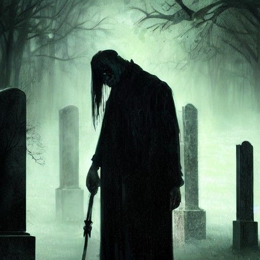 Sinister Undertaker in Cemetery with Ghosts