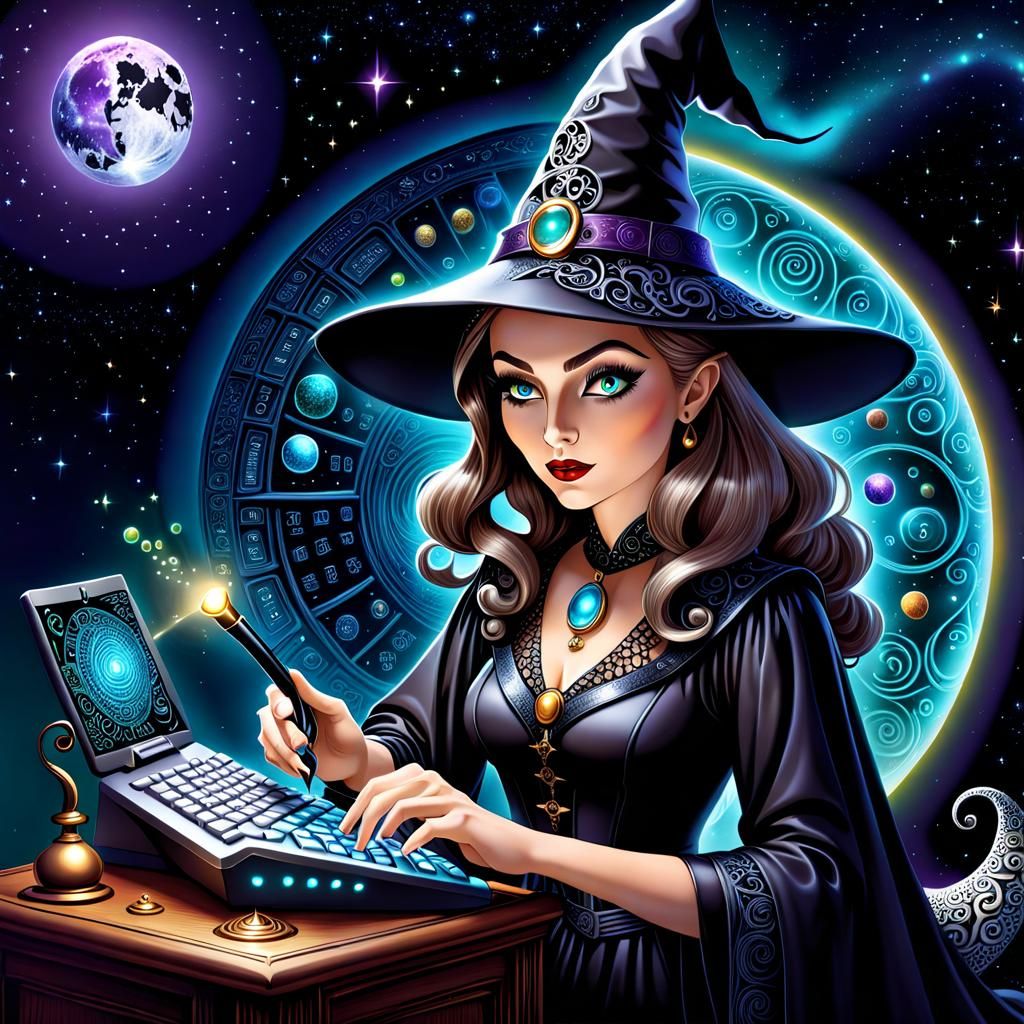 Mystical Witch Investigates Universe: Storybook Illustration