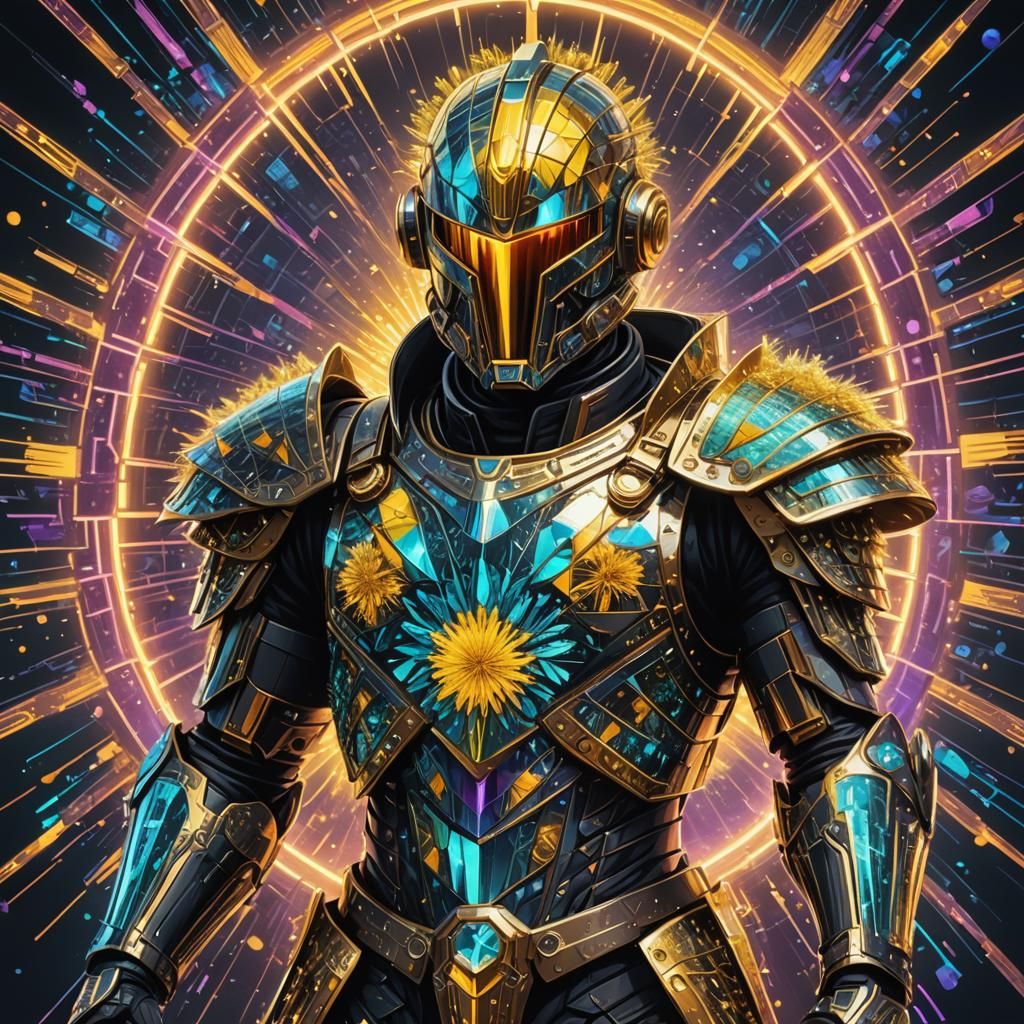 Dandelion Knight with Crystal Armor in Cyberpunk Style