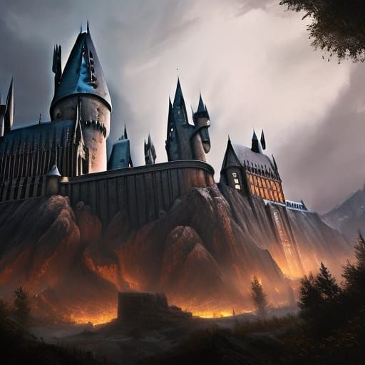 Epic Hogwarts Castle in Dark Fantasy Style