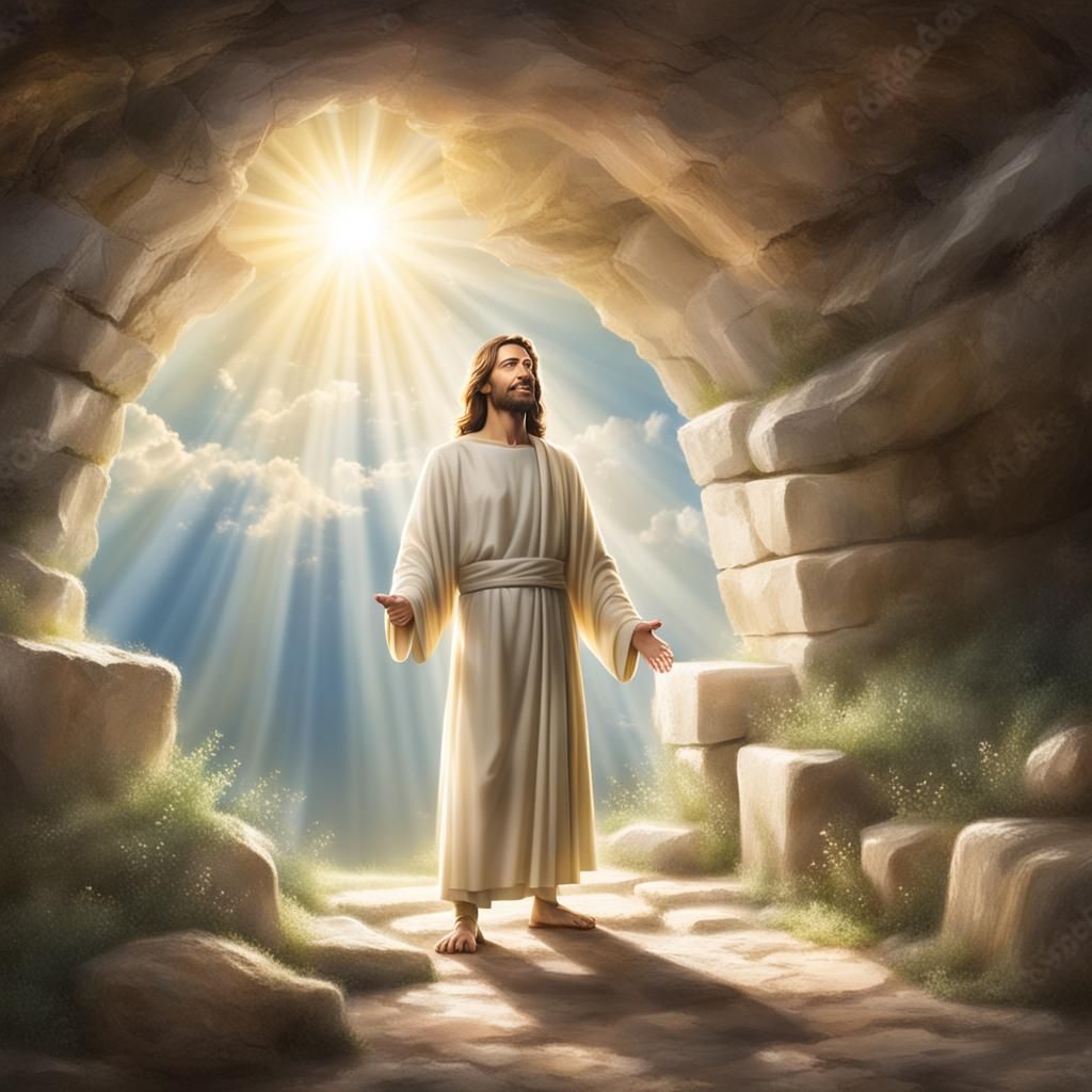 Jesus Smiling at Empty Tomb in Divine Light
