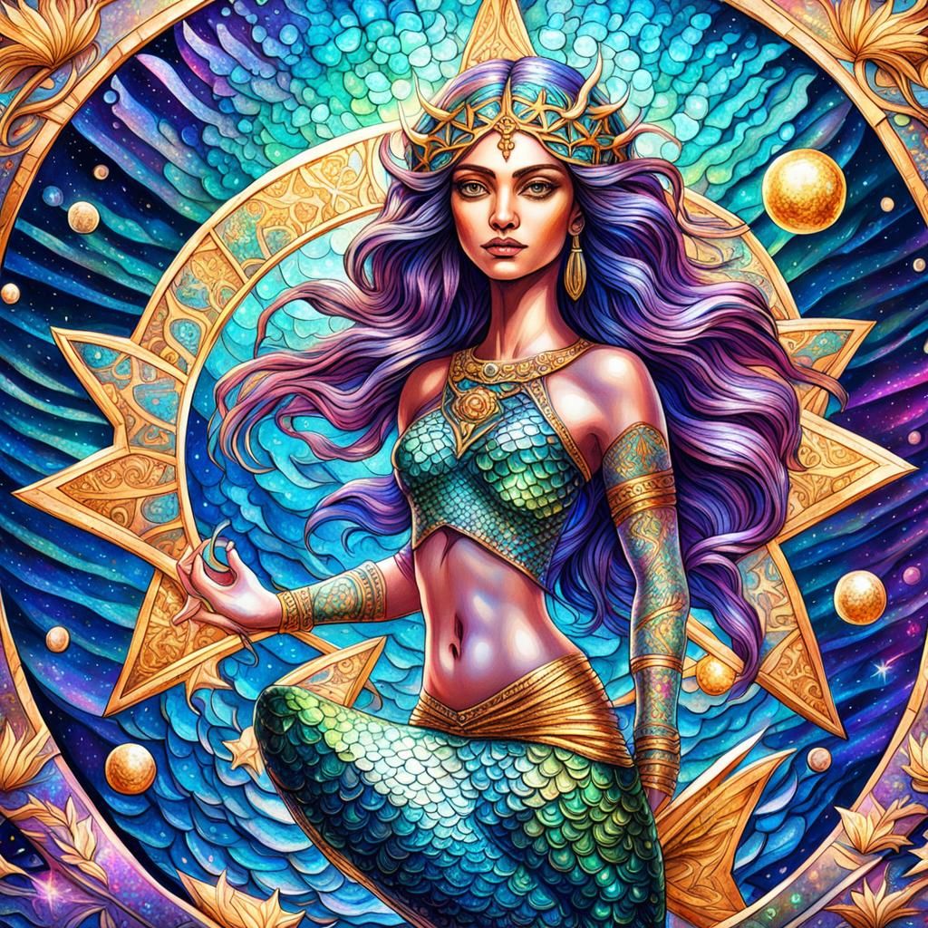 Babylonian Mermaid with Star, Holographic Astral Illustratio...