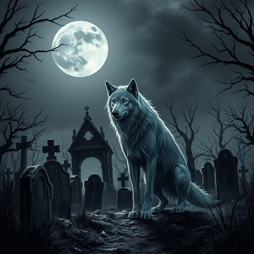 Ethereal Ghost Wolf in Haunted Cemetery