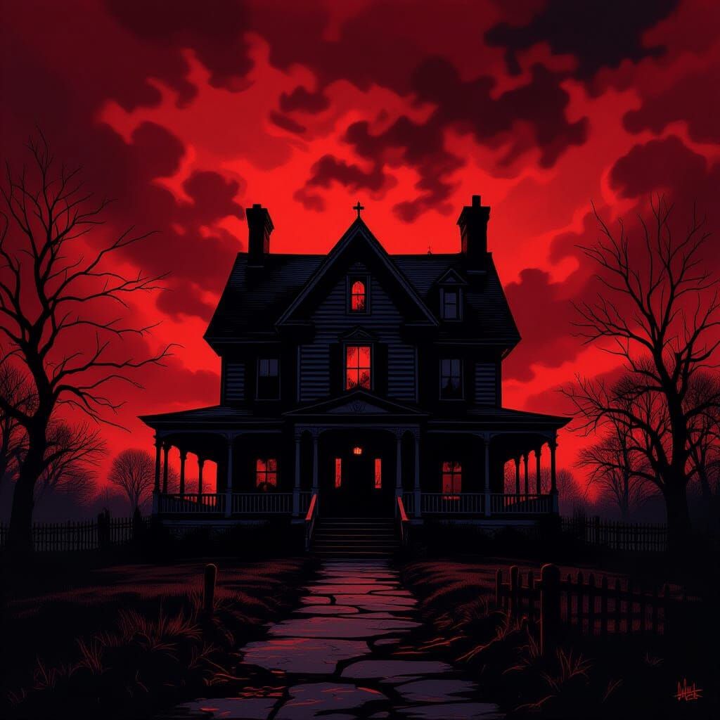 Gothic Horror Amityville House in Dramatic Light