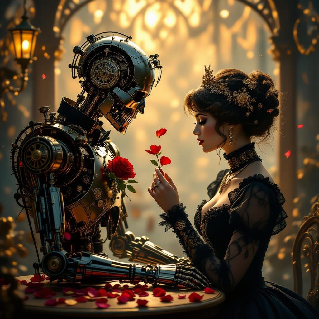 Steampunk Automaton Lover Leaves Golden Roses