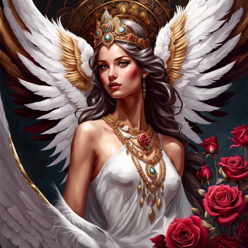 Elegant Angel Portrait with Feathers and Rose Petals