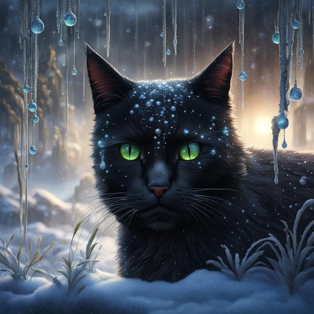 Black Cat in Winter Dew: Fantasy Concept Art