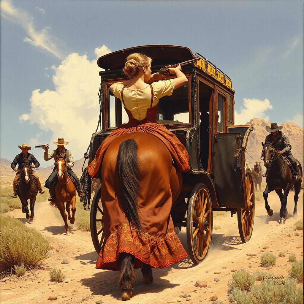 Victorian Lady Defends Stagecoach from Bandits