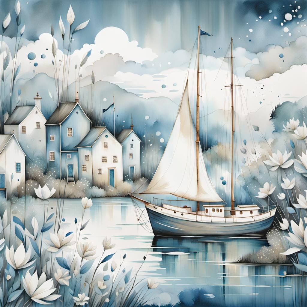 Seaside Fishing Village in Ink Drawing Style