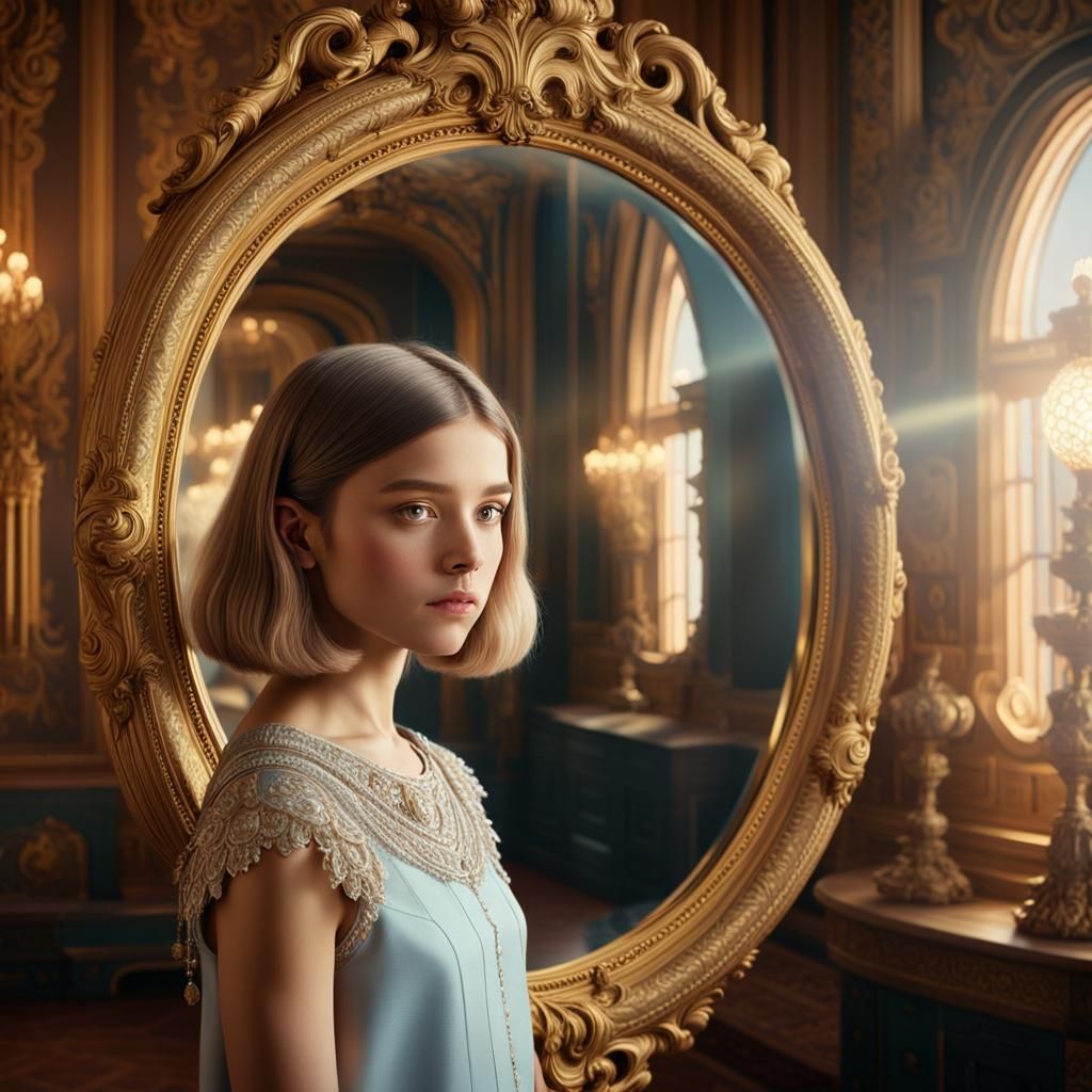 Girl Gazing into Ornate Mirror: Fantasy Concept Art