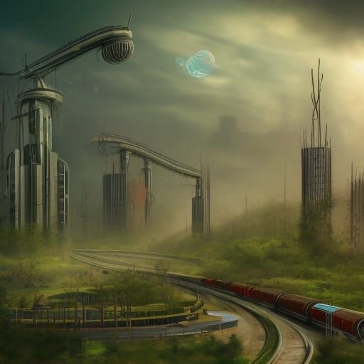 Post apocalyptic future city and railways