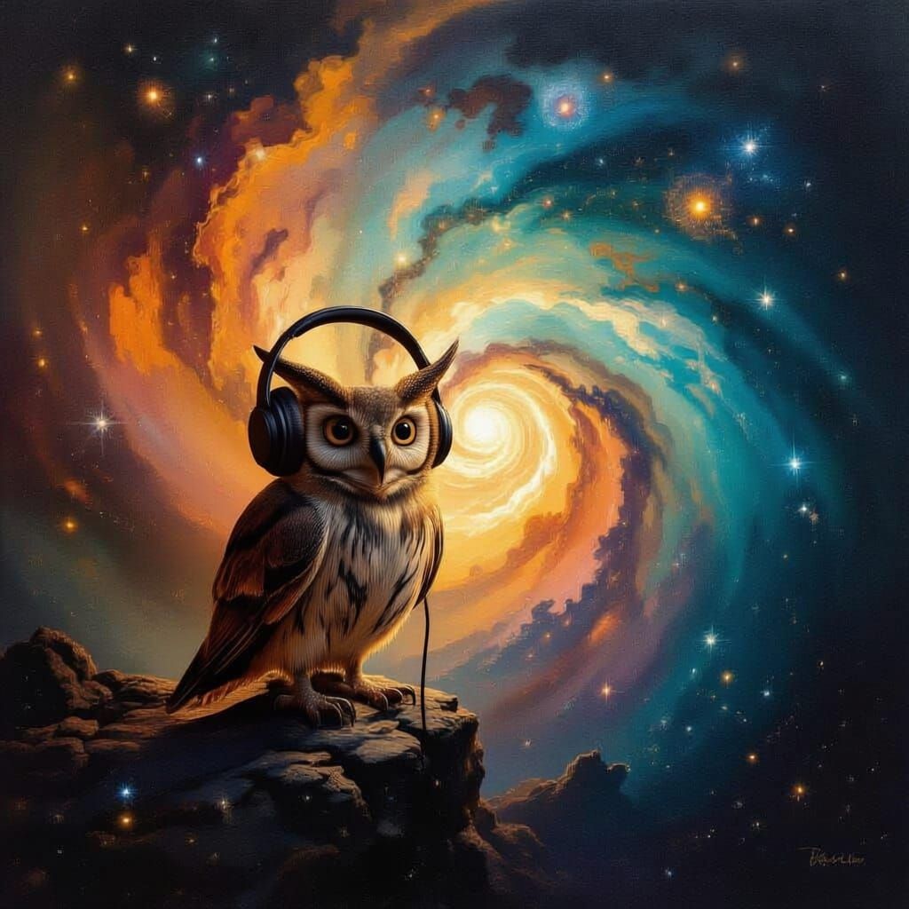 Cosmic Ant with Headphones in Nebula