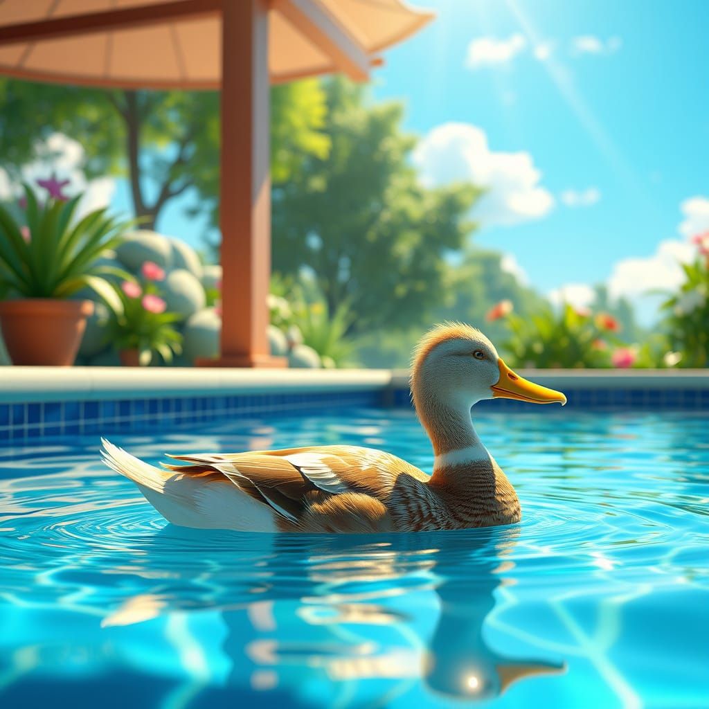 Vibrant Duck in a Serene Pool Scene, in Detailed Anime Style