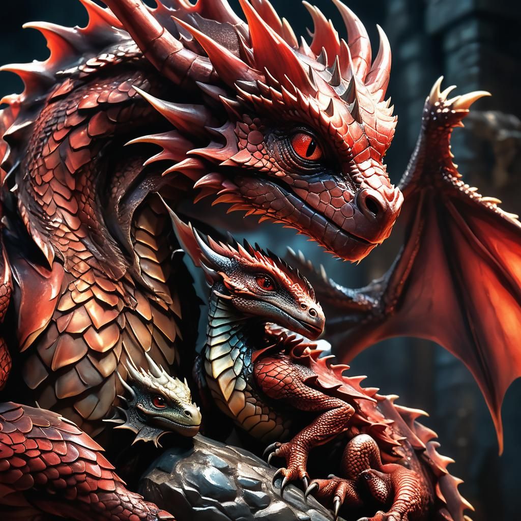 Red Dragon Hatchling Snuggles Mother: Hyper-Realistic Fantas...