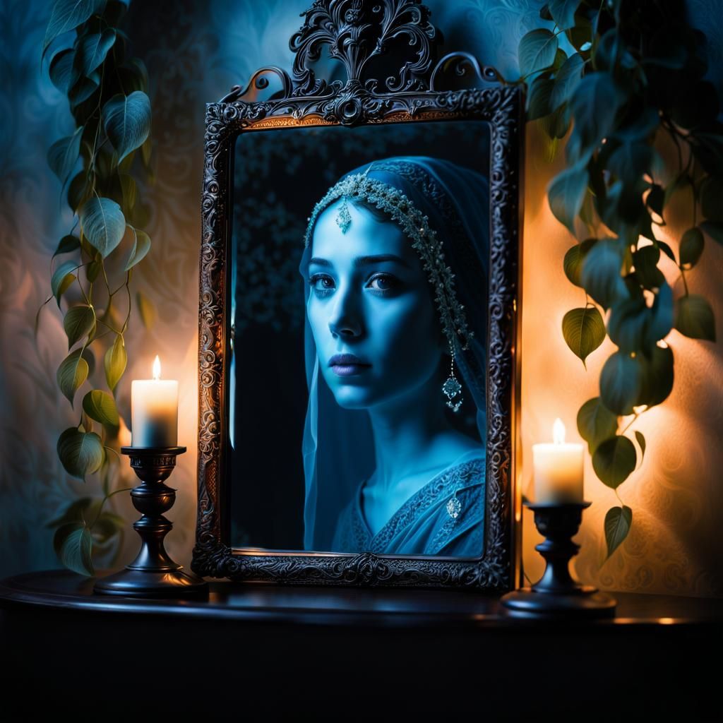 Ethereal Ghostly Woman Gazing into Misty Mirror