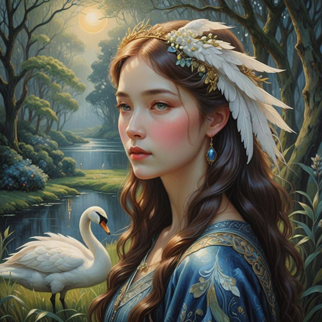 Art Nouveau Swan Maiden in Dreamlike Setting