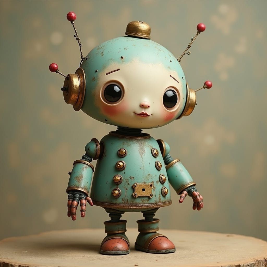 Whimsical Robot Character in Dark Pop Art Style