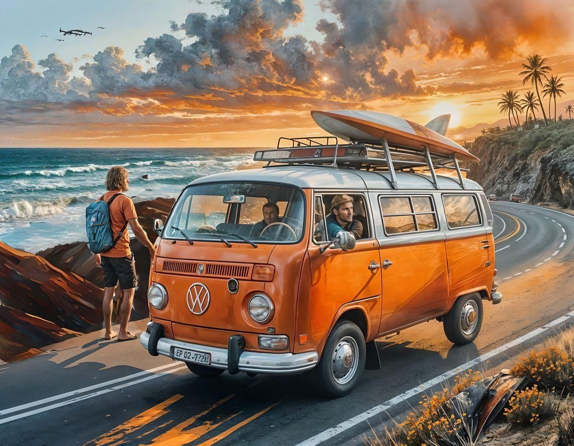 Burnt Orange Westfalia Van Road Trip at Sunset