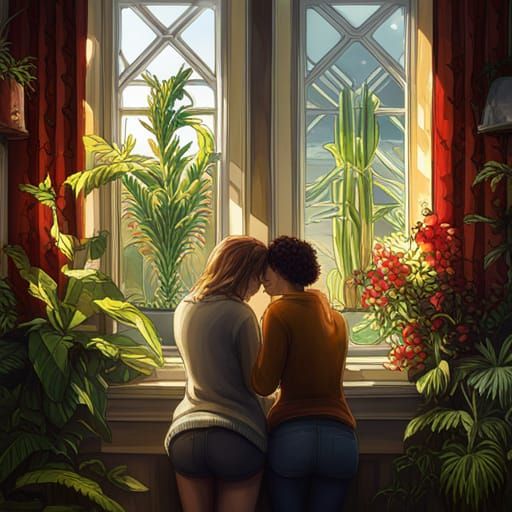 Lesbian Couple Embrace: Hyperdetailed Concept Art