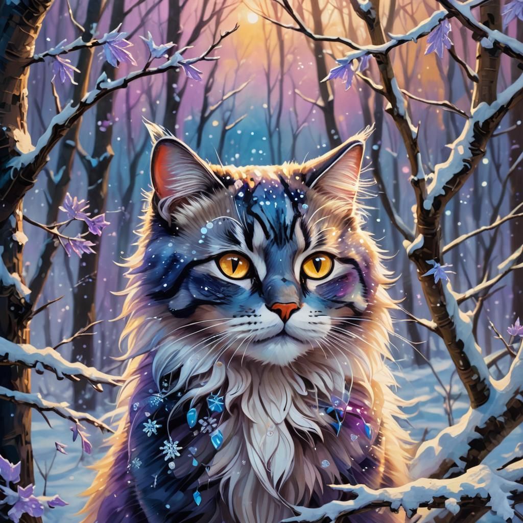 Cute Cat Explores Winter Forest as Oil Painting