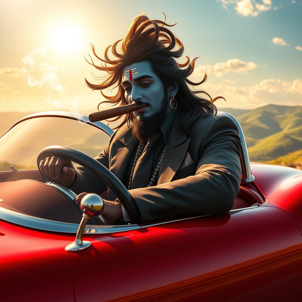 Shiva Drives a Sports Car in Dreamlike Landscape