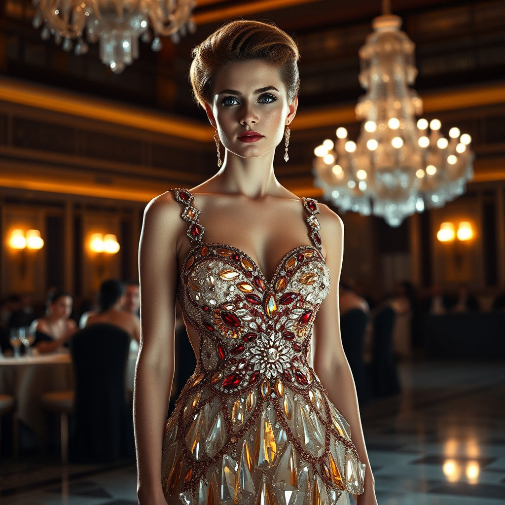 Crystal Dress in Grand Ballroom, Hyperrealistic Digital Art