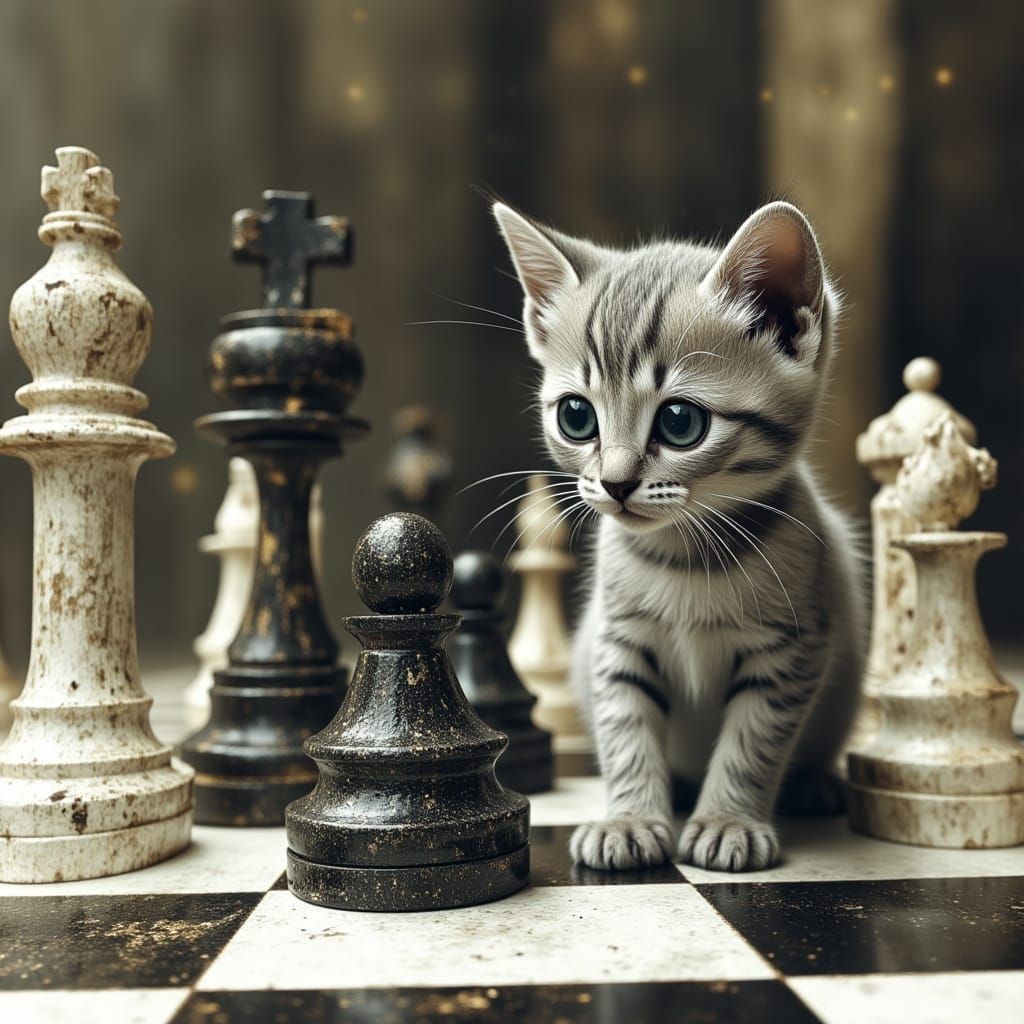 Kitten Chess Master in Geometric Futuristic Style