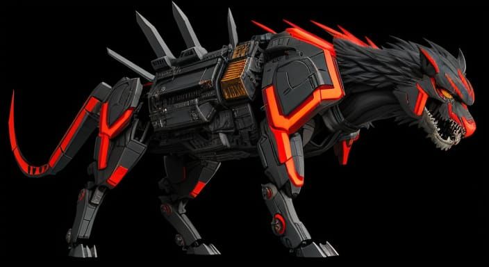 Heroic Smilodon Mecha in Manga Style Under Red Sky