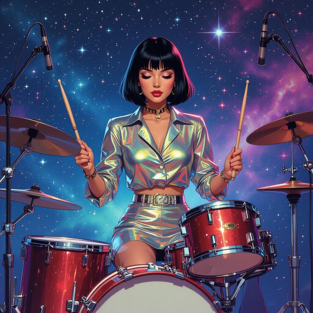 Retro Drummer in Cosmic Setting: Syd Mead Style