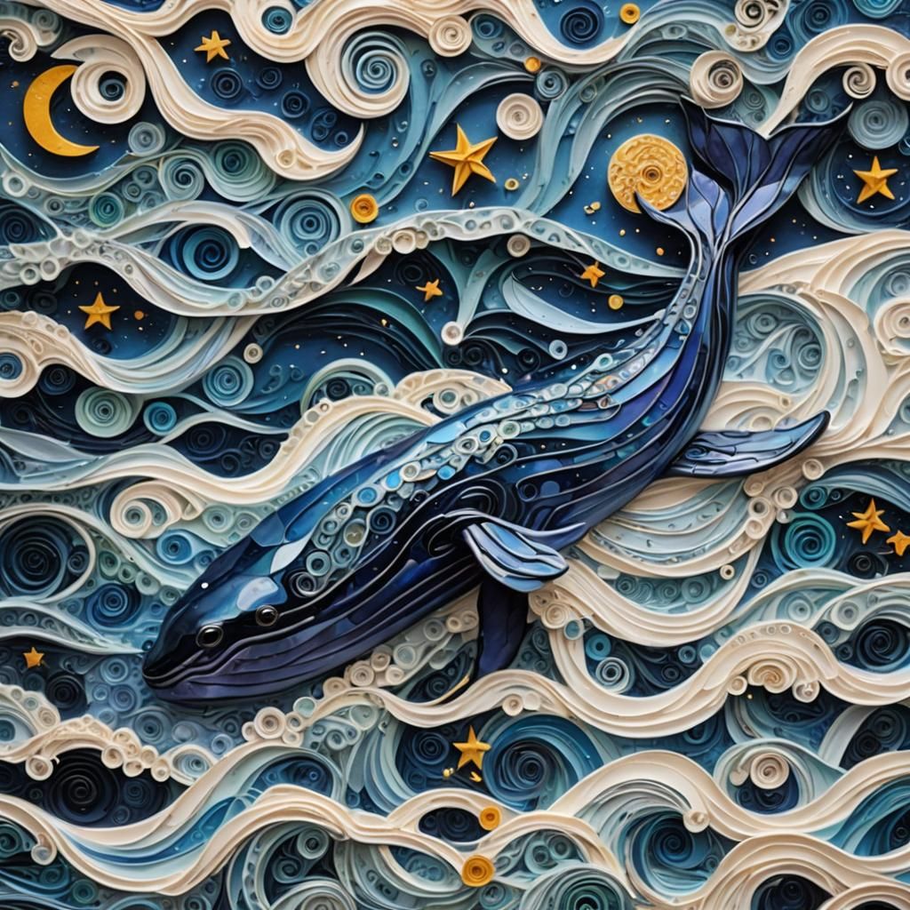 Blue Whale on Waves: Surreal Oil Painting