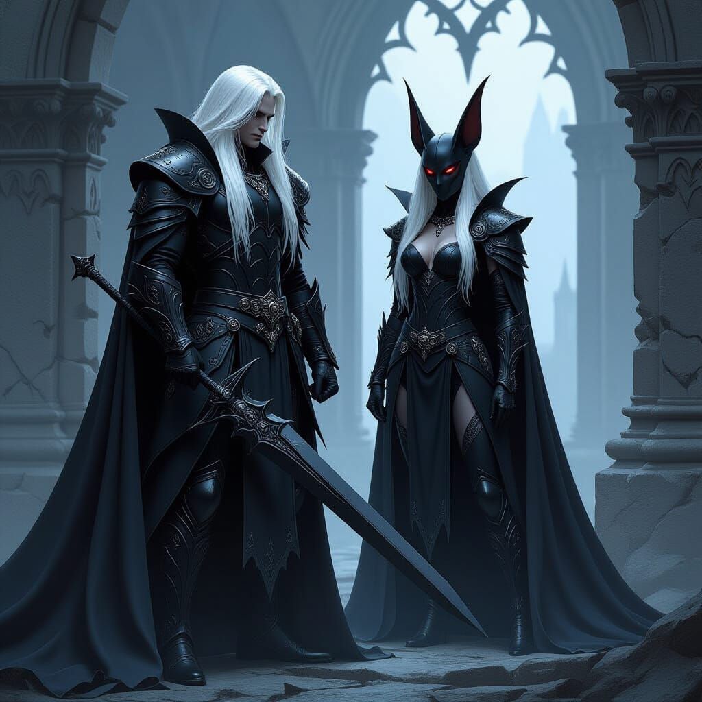 Vampire Warriors Guarding Bat Person in Gothic Style