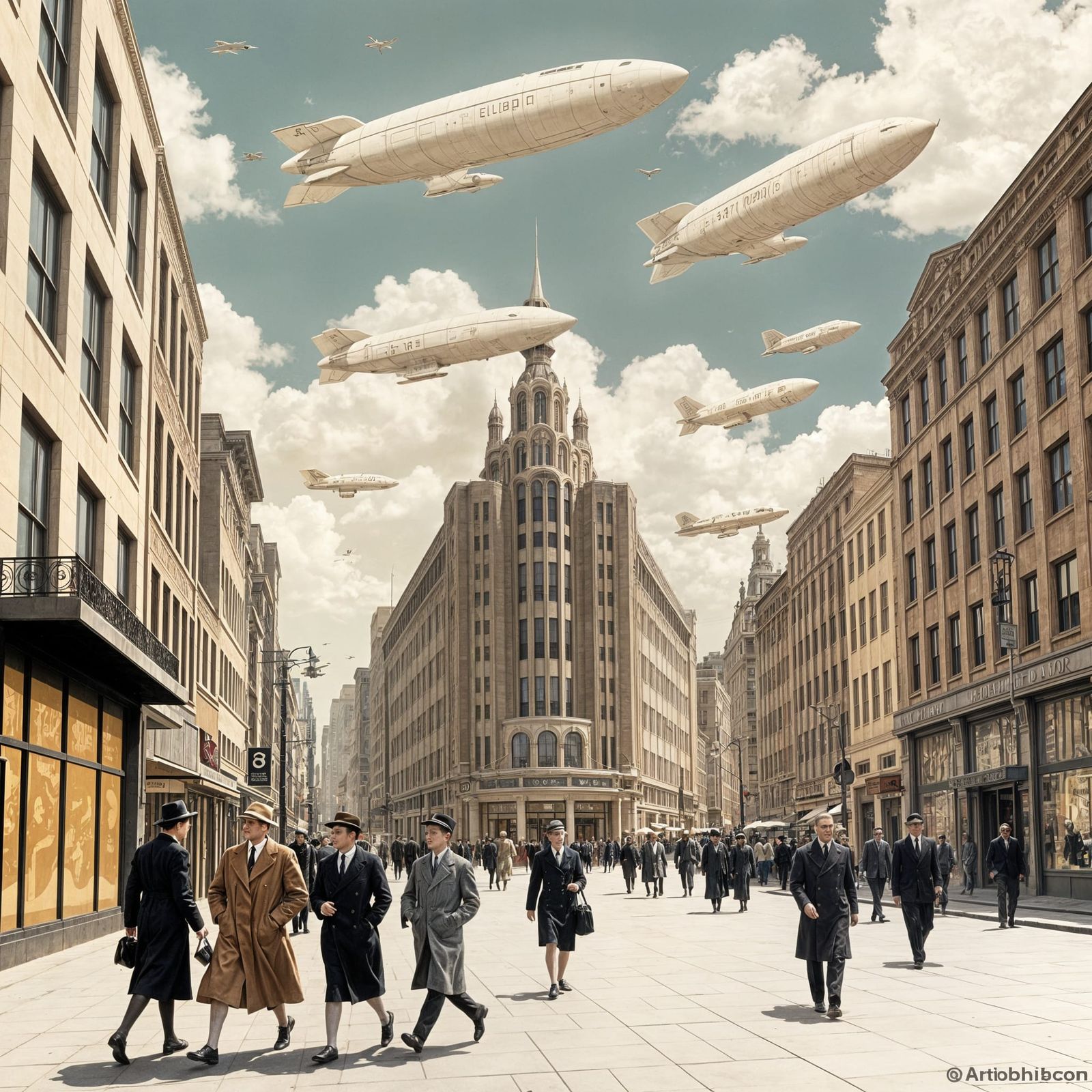 Art Deco Cityscape with Zeppelins