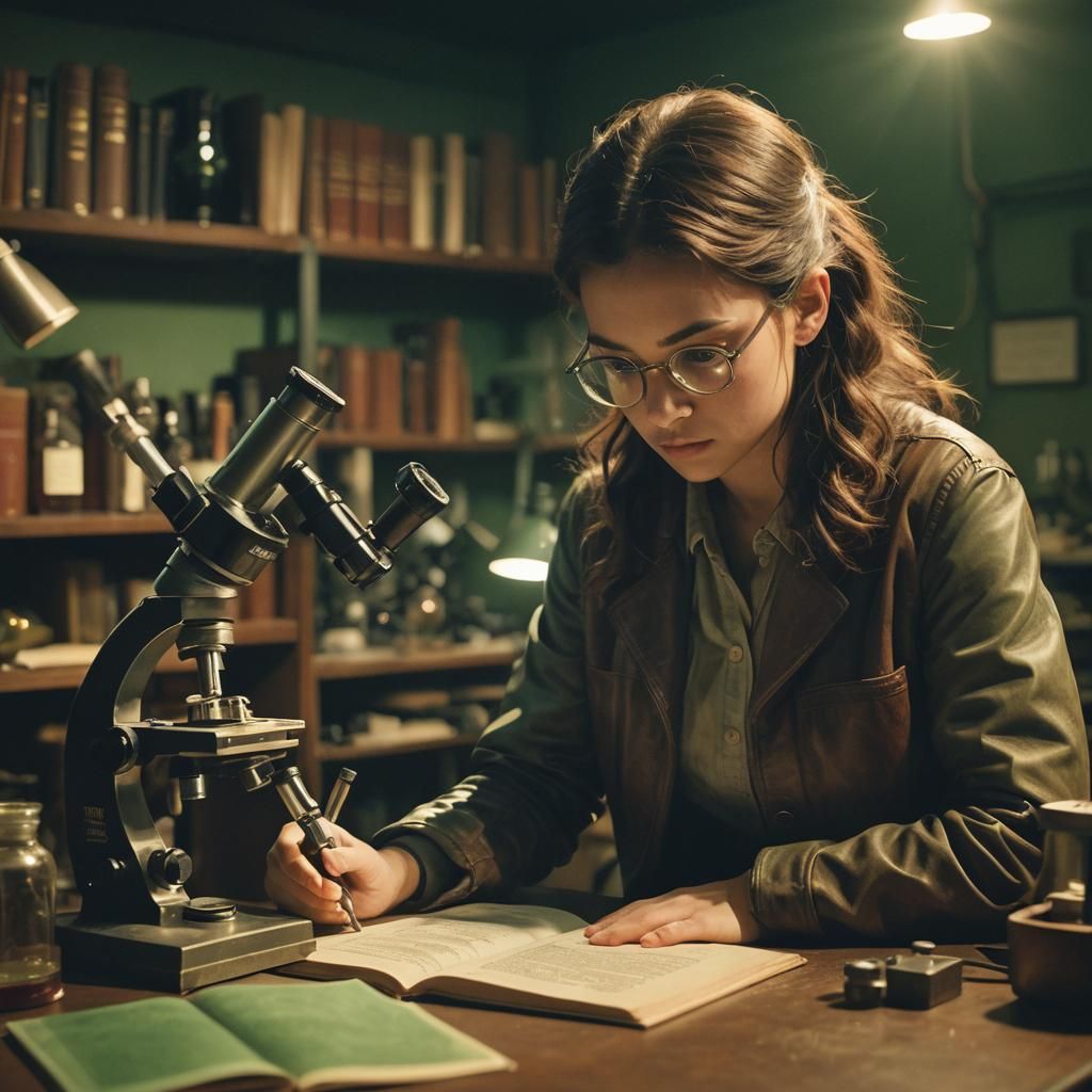 Girl Studies Biology in Dimly Lit Lab