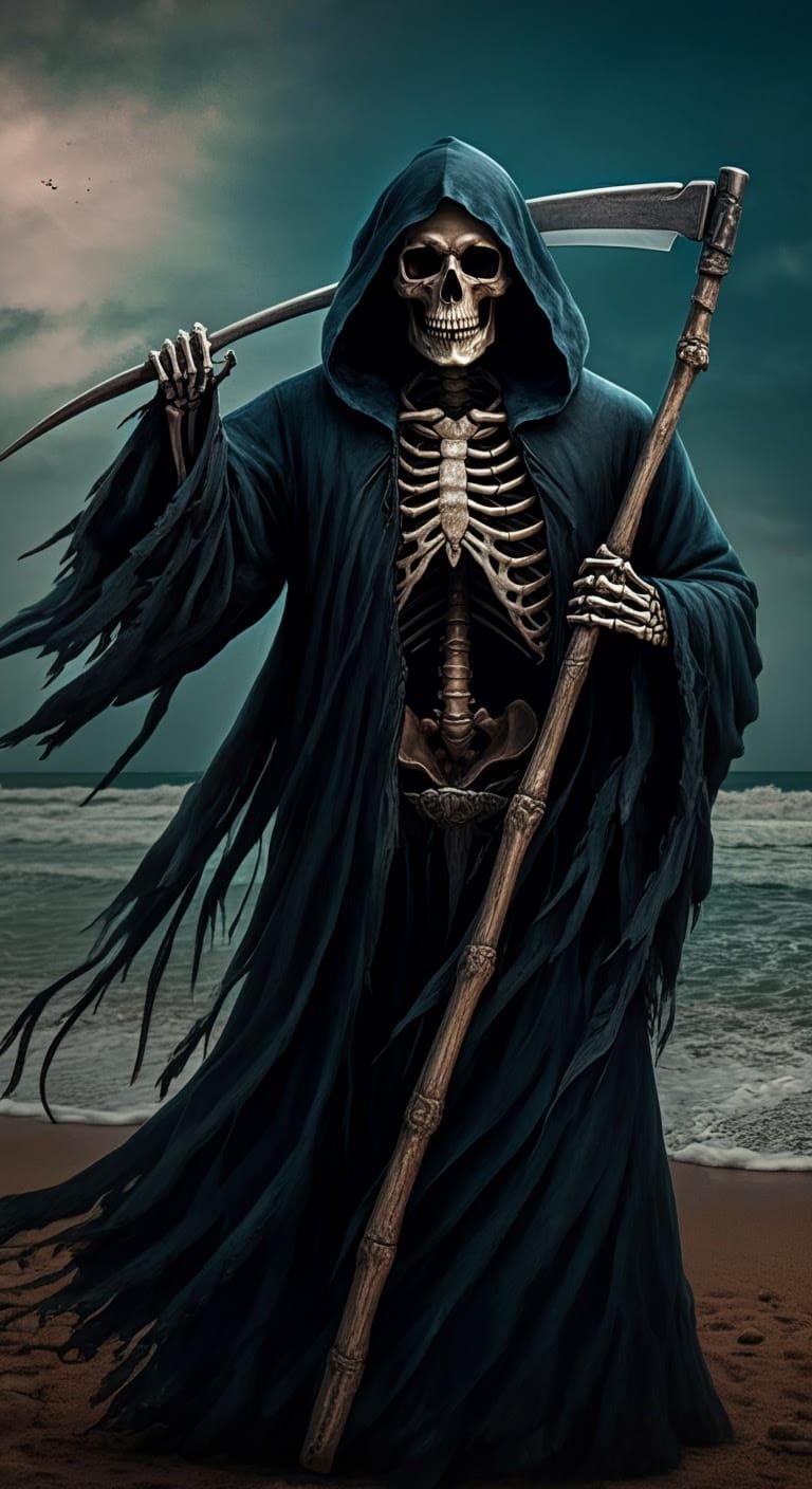 Grim Reaper on Dominican Beach in Hyperrealistic Style