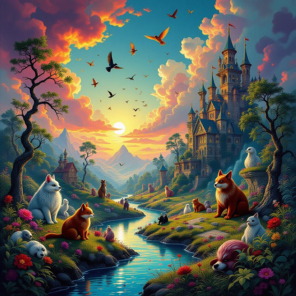 Surreal H. Bosch Landscape with Fantastical Creatures