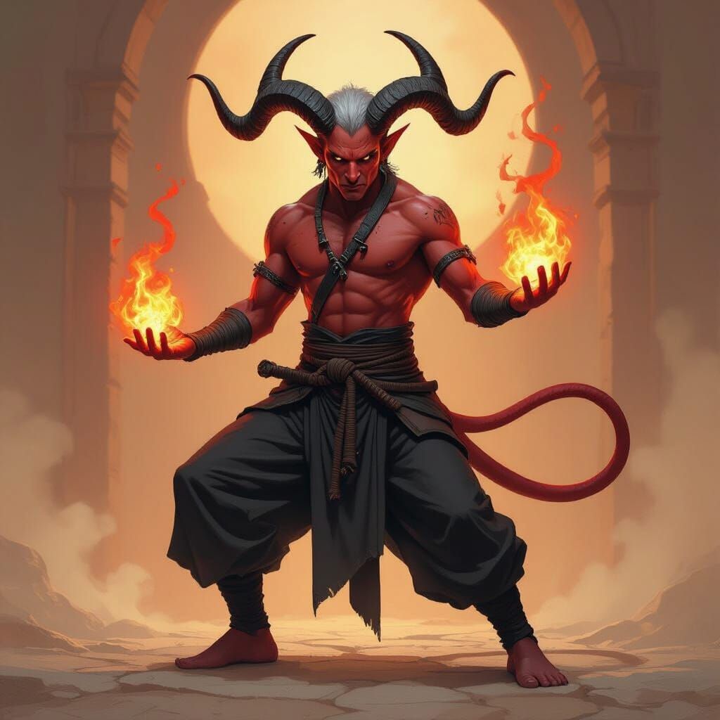 Crimson Tiefling Monk in Chaotic Evil Stance