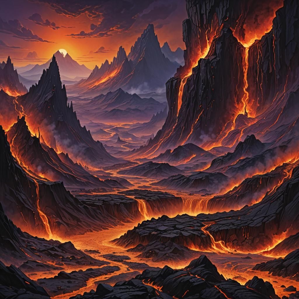 Lava Rivers Flow Through Hellish Mountains