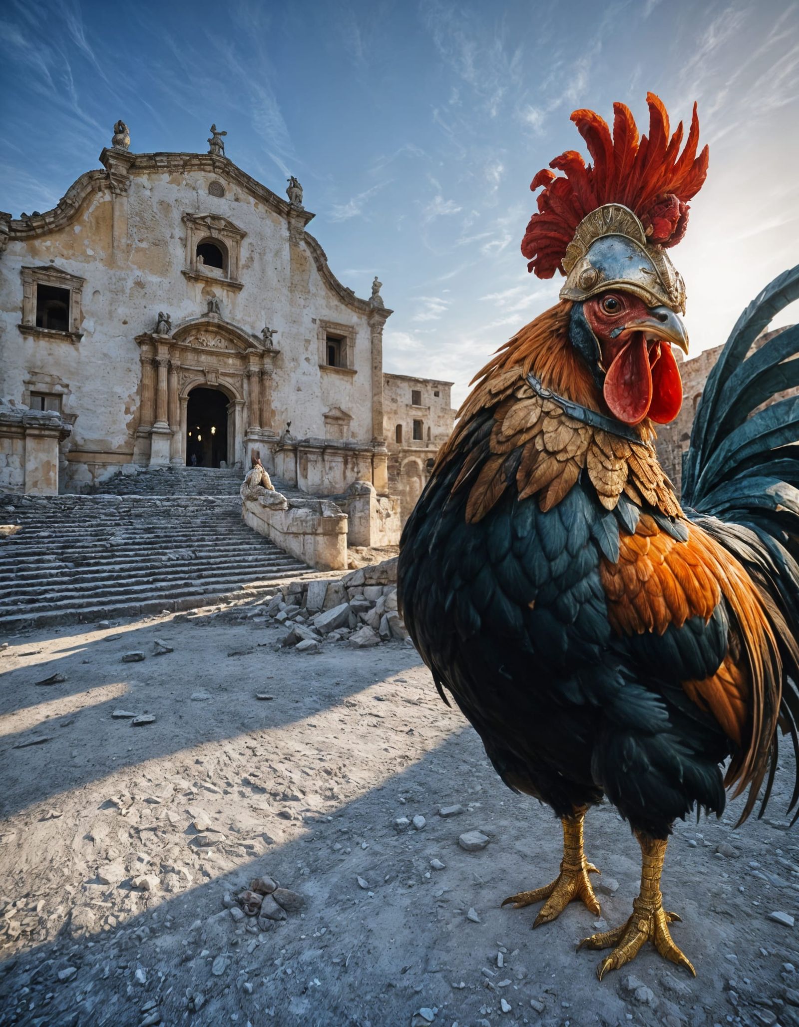 Rooster in Roman Armor at Dusk