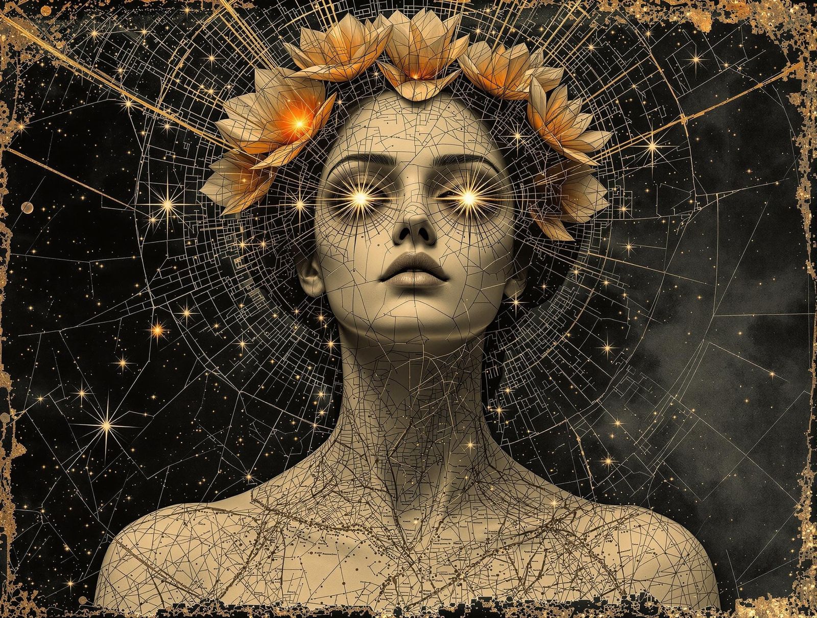 Symbolist Goddess Confronts the Cosmos in Edo-Style Portrait