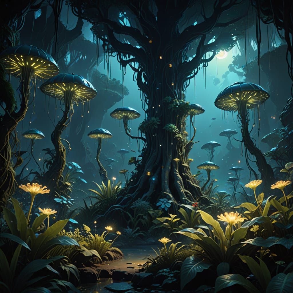 Bioluminescent Flora in Alien Jungle Twilight