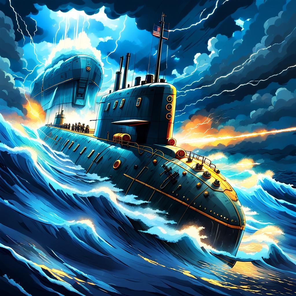 Submarine in Raging Ocean, Anime Style