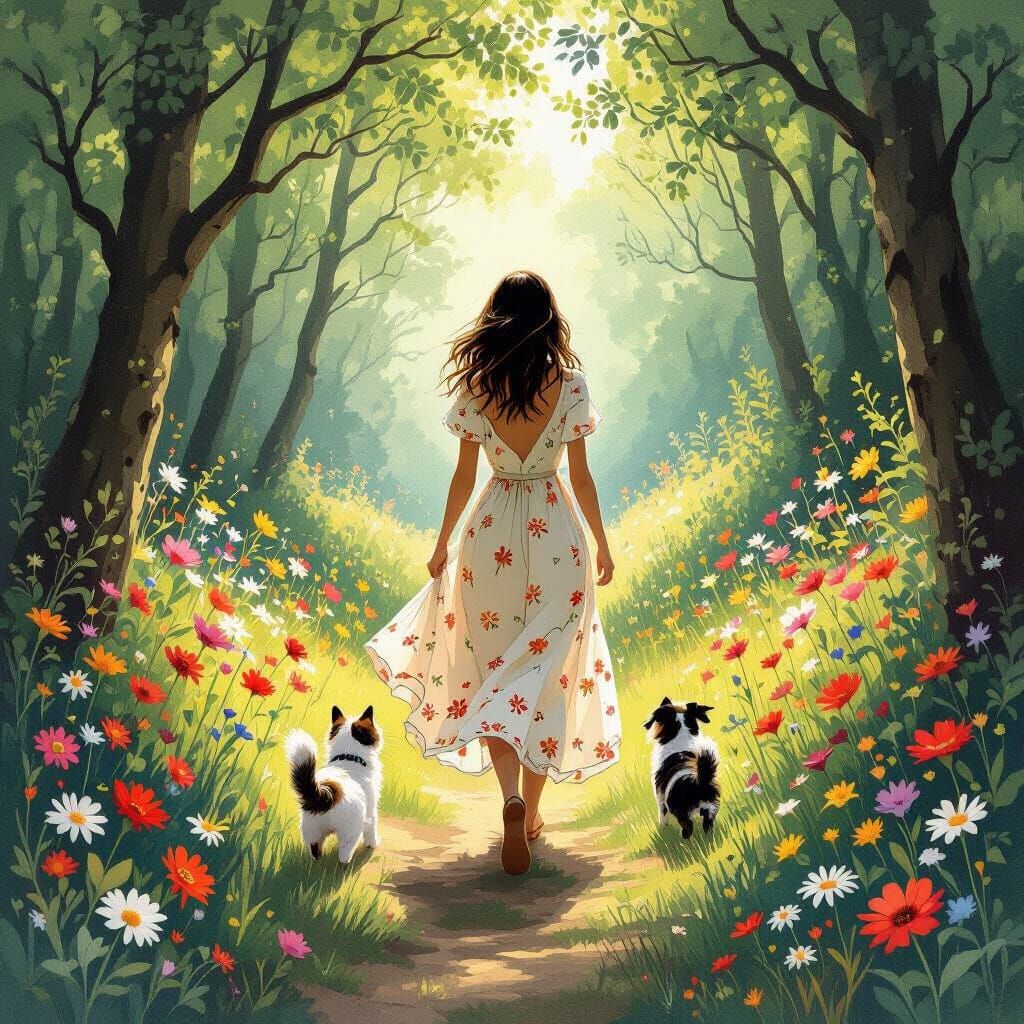 Woman Walking Dogs and Cats in Whimsical Woods
