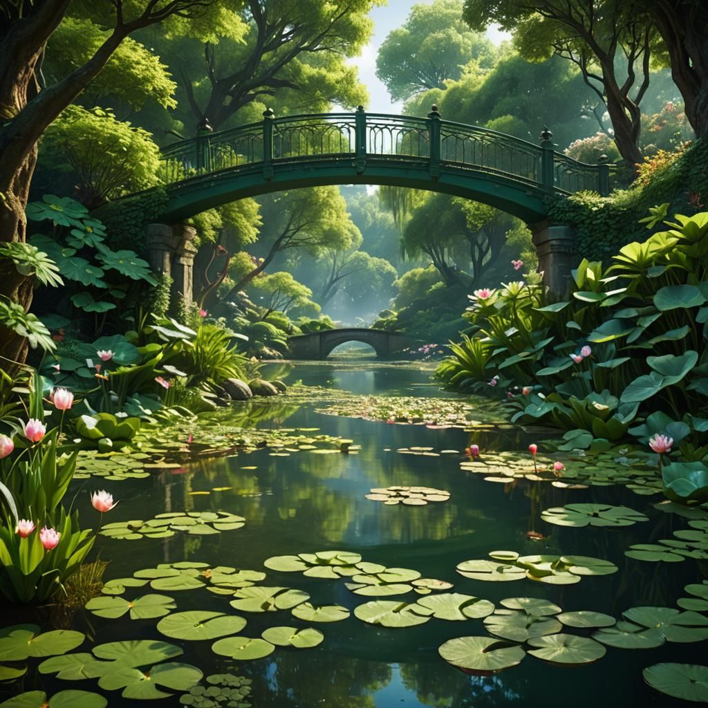 Green Lake with Water Lilies: Detailed Matte Painting