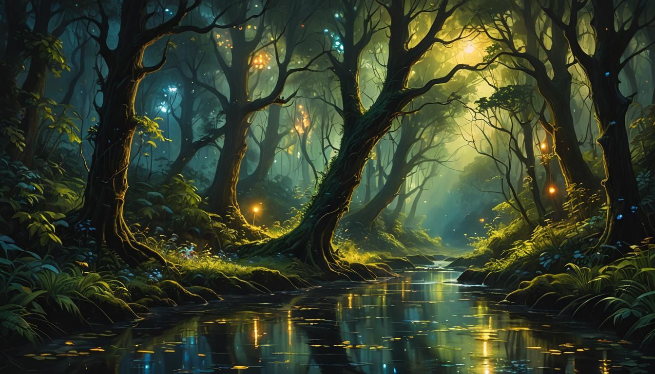 Enchanted Forest River at Night as Oil Painting