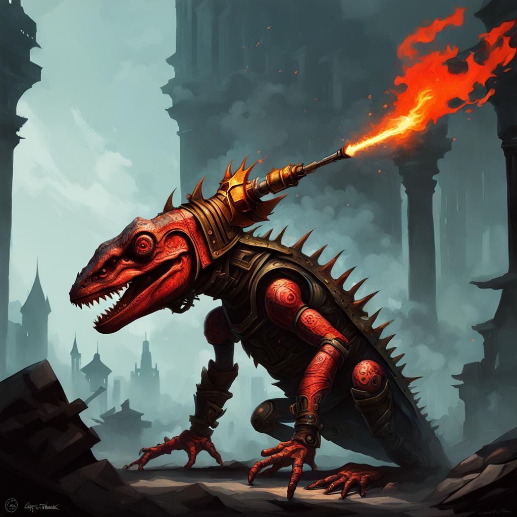 Sinister Fire-Breathing Cyborg Lizard in Fantasy Style