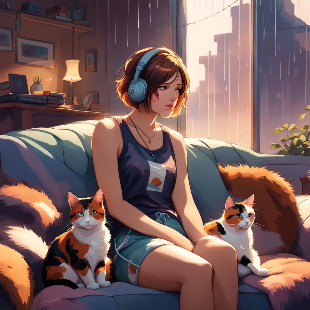 Heartbroken Girl with Cats in Anime Style