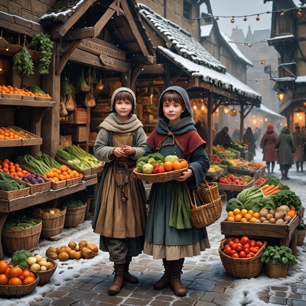 Medieval Girl Selling Vegetables in Snow, Fantasy Art