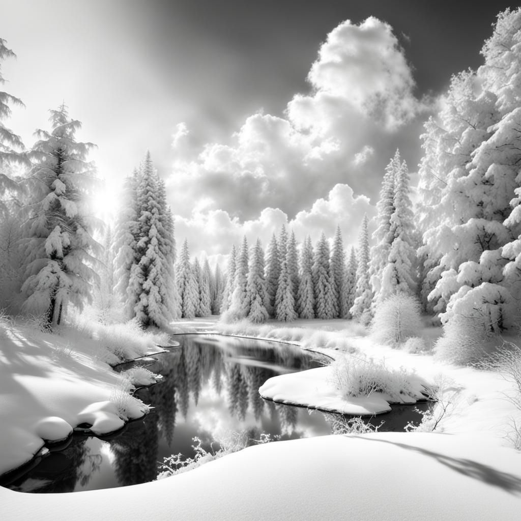 Winter Forest with Clouds in Black and White