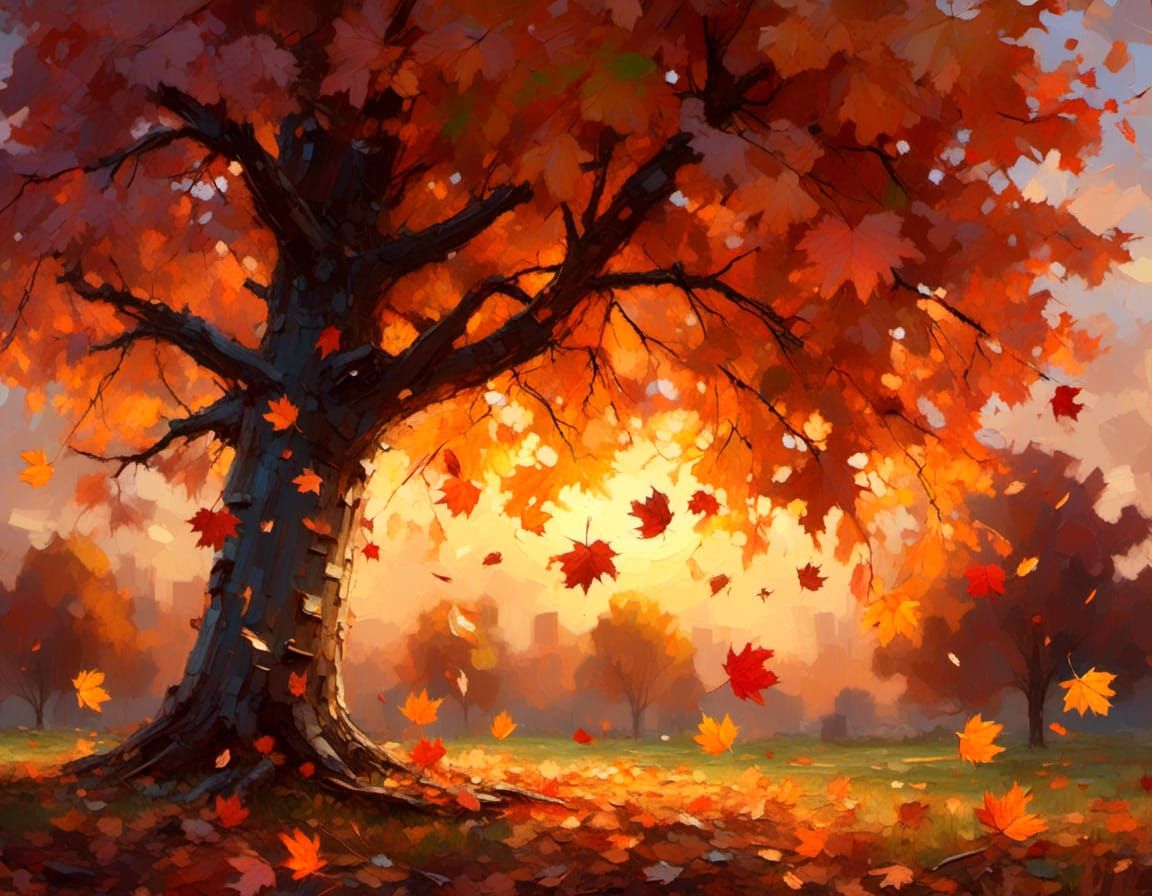 Maple Leaves Falling at Sunset: Oil and Grunge Style