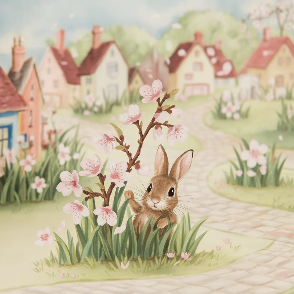 Vintage Springtime Scene in Whimsical Pop-Up Book Style